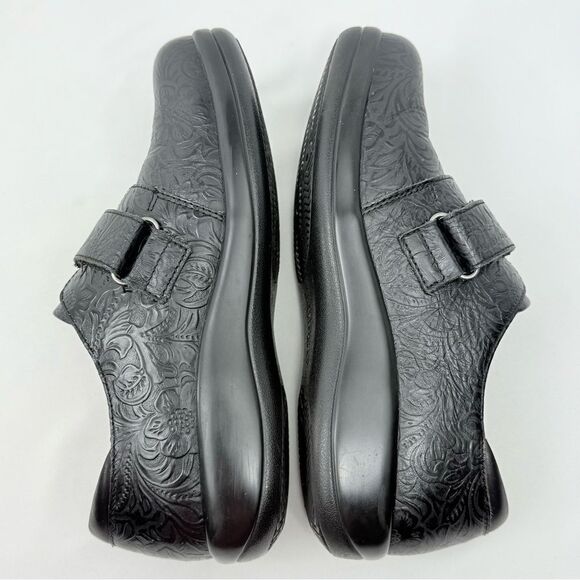 Alegria JOLEEN Black Tooled Floral Leather Slip On Adjustable Strap Support Clog - Picture 9 of 16